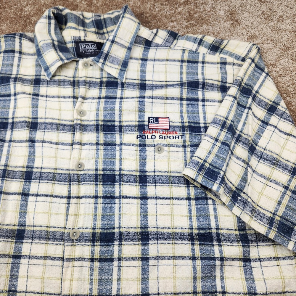Vintage Polo Sport Ralph Lauren Plaid Shirt Mens XXL Blue Cream Made in USA RL